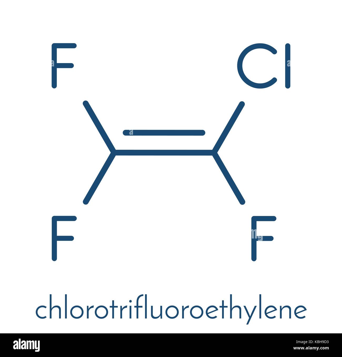 Il clorotrifluoroetilene (CTFE) molecola del refrigerante e policlorotrifluoroetilene plastica building block. formula scheletrico. Illustrazione Vettoriale