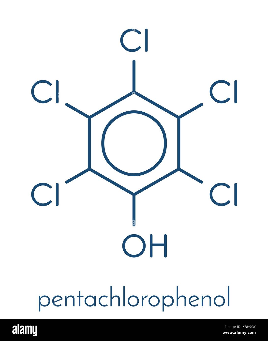Il pentaclorofenolo (PCP) di pesticidi e di molecola di disinfettante. spesso utilizzati per la conservazione del legno. formula scheletrico. Illustrazione Vettoriale