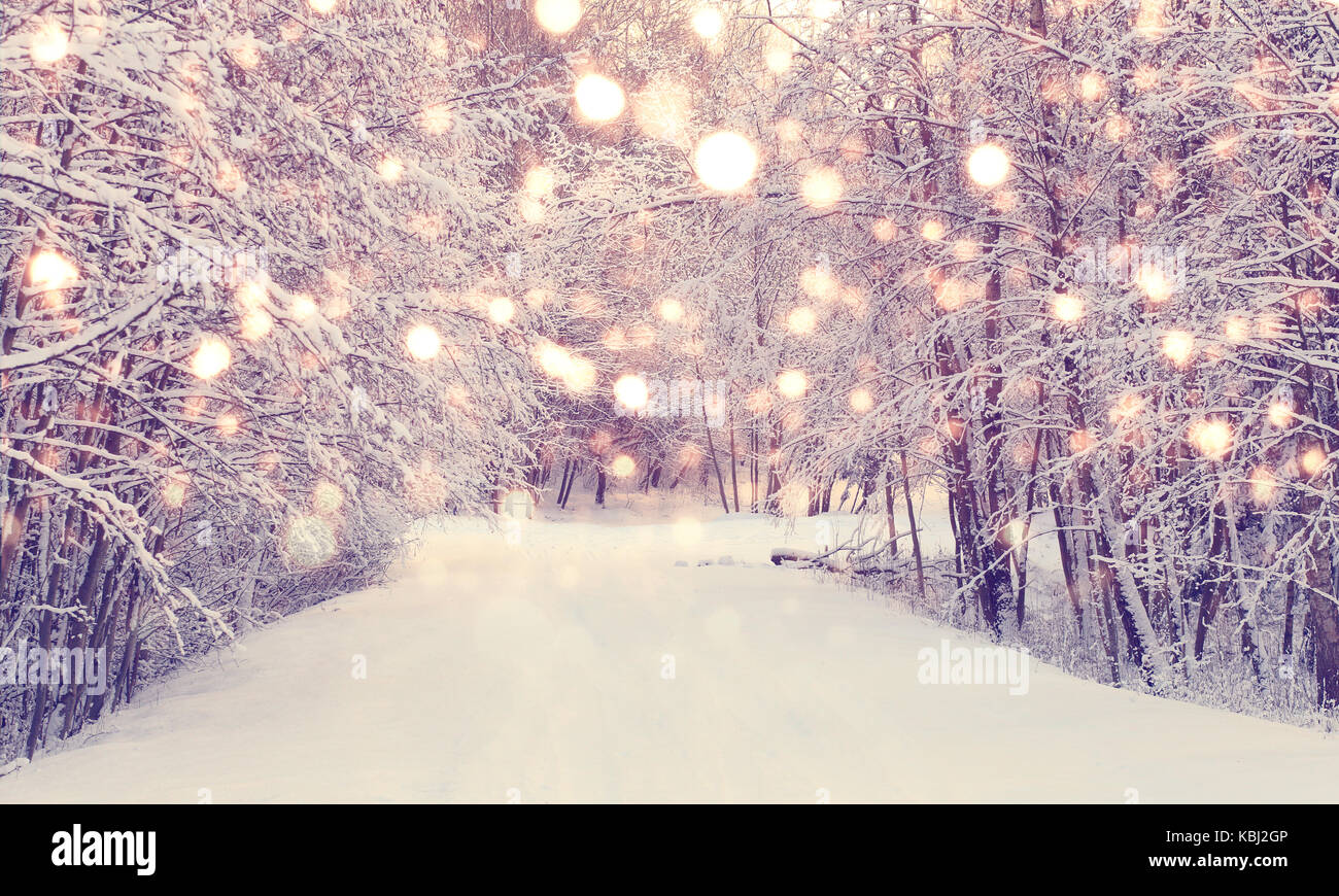 Fiocchi di neve colorati sul parco innevato sfondo sfondo di Natale. xmas nevicata nel parco. Foto Stock