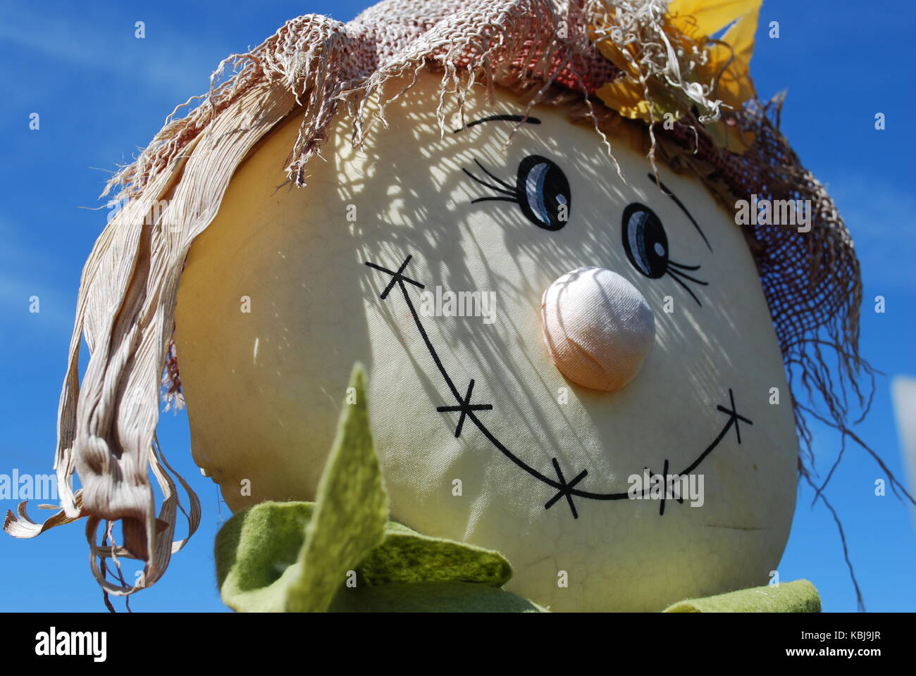 Zucche, uno spaventapasseri faccia, texas tempesta di ghiaccio,giardino menorah con polvere di neve. Foto Stock