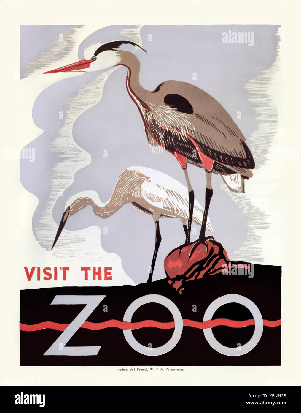 "Visitare lo Zoo" 1936 poster per lo Zoo di Filadelfia con un woodblock stampa di due aironi. Prodotte sotto il progetto federale numero uno sponsorizzato da opere corso Amministrazione (WPA); creato nel 1935 come parte del New Deal del presidente Franklin D. Roosevelt per affrontare la Grande Depressione. Foto Stock