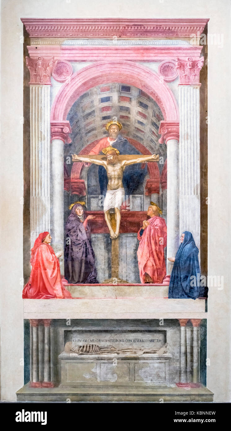 La Santa Trinità (Trinita), affresco di Masaccio (Tommaso Guidi, 1401-1428), c. 1424-25, chiesa di Santa Maria Novella, Firenze, Italia. Foto Stock