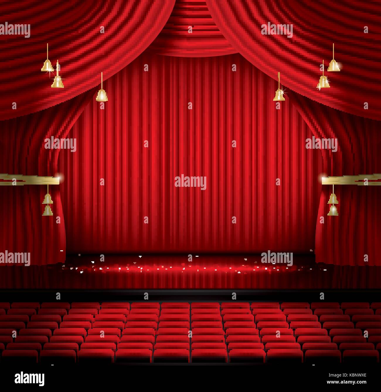 Red sipario di un palcoscenico con posti a sedere e spazio copia. illustrazione vettoriale. teatro, opera o il cinema scena. luce su un pavimento. Illustrazione Vettoriale