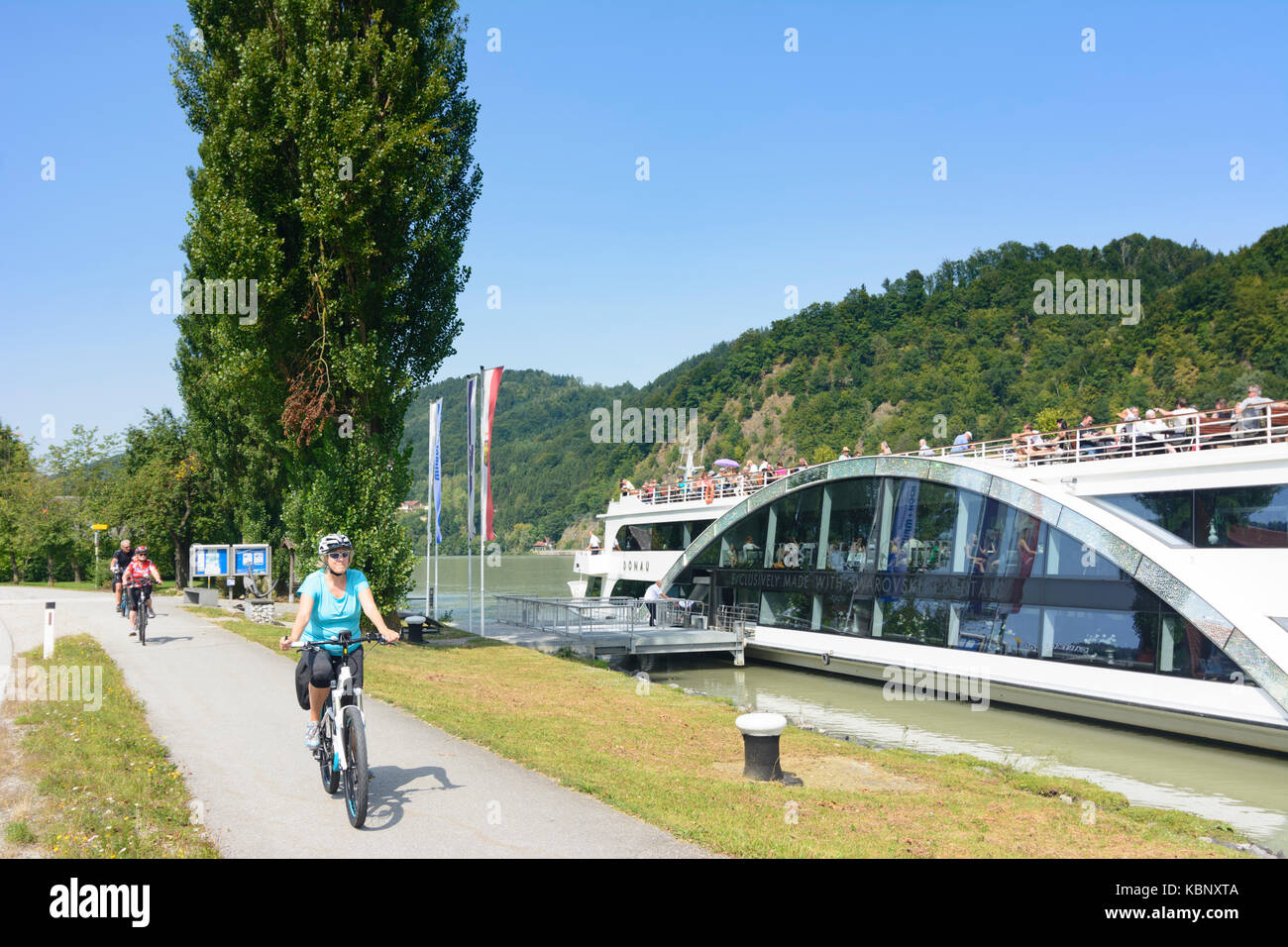 Nave passeggeri Kristallschiff fatta con cristalli Swarovski al molo nel Kasten al Danubio, ciclista, Vichtenstein, Donau, Oberösterreich, Austria superiore, Foto Stock