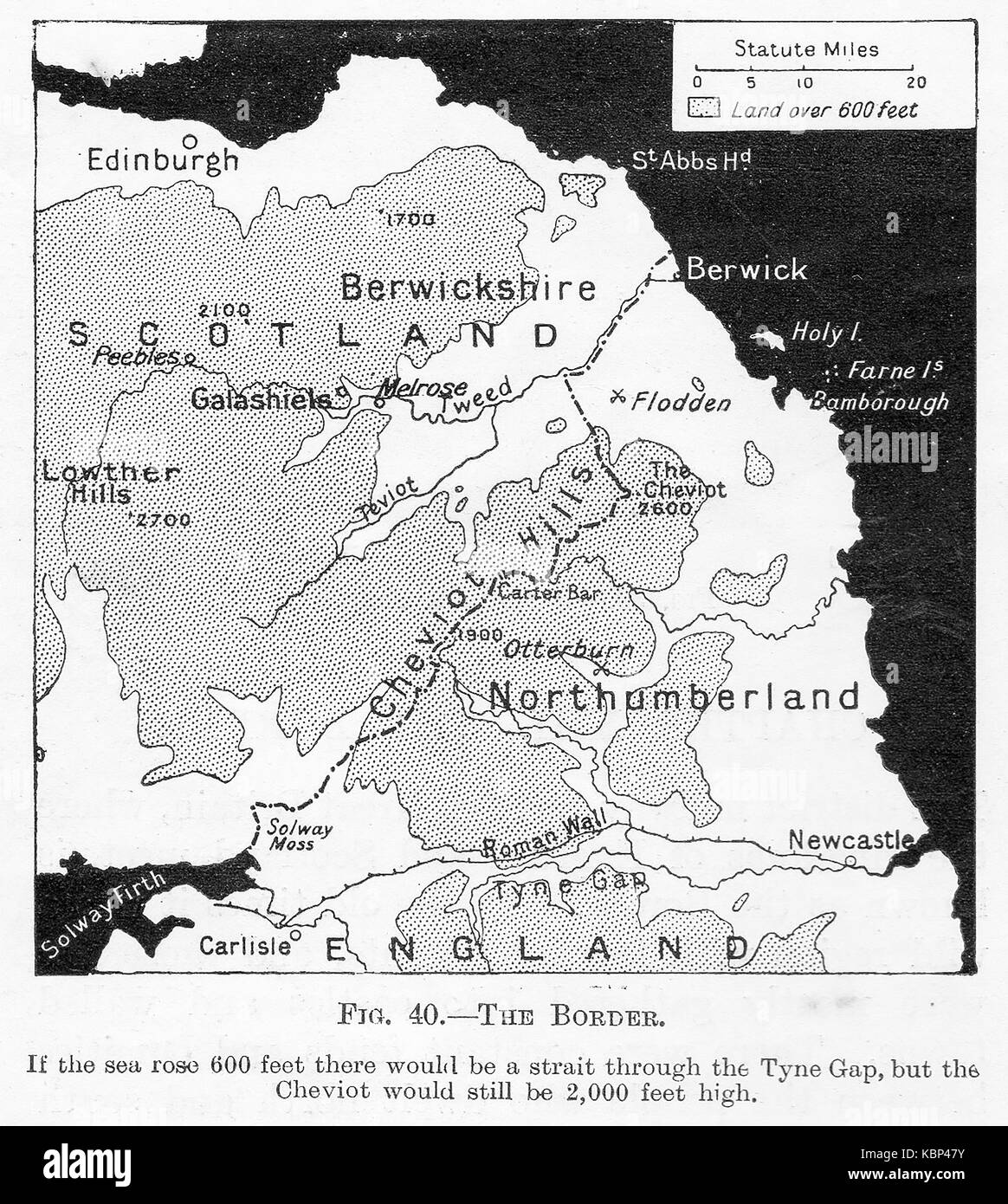 Una mappa del 1914 circa il riscaldamento globale e il livello del mare che mostra come t nell Inghilterra del nord e del sud della Scozia (i confini) potrebbe essere allagato in caso d'innalzamento del livello dei mari. Foto Stock