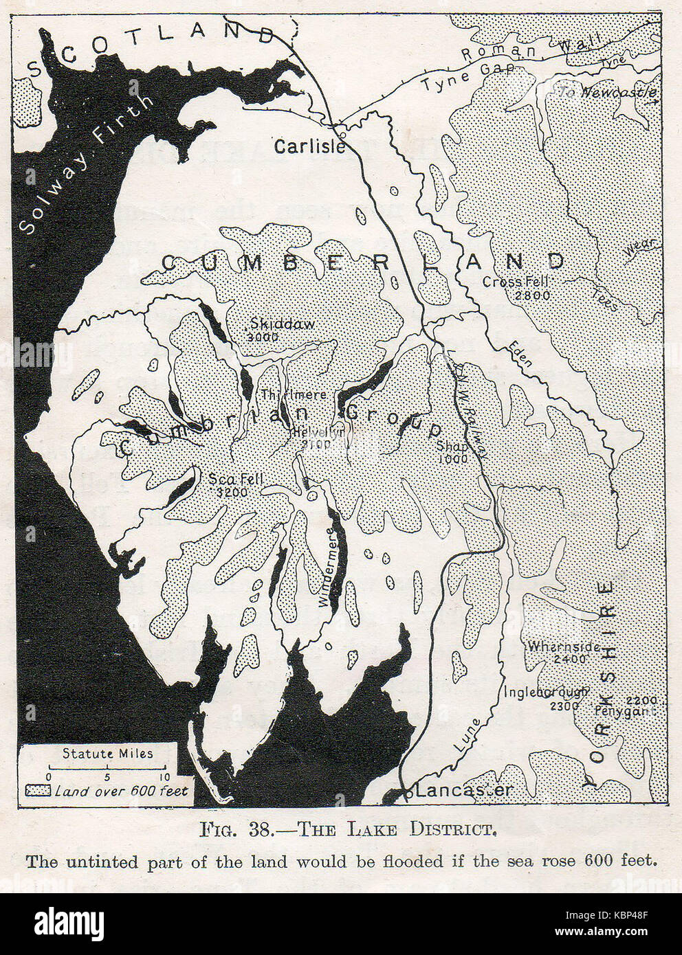 Una mappa del 1914 circa il riscaldamento globale e il livello del mare che mostra come il Regno Unito Lake District potrebbe essere allagato in caso d'innalzamento del livello dei mari. Foto Stock