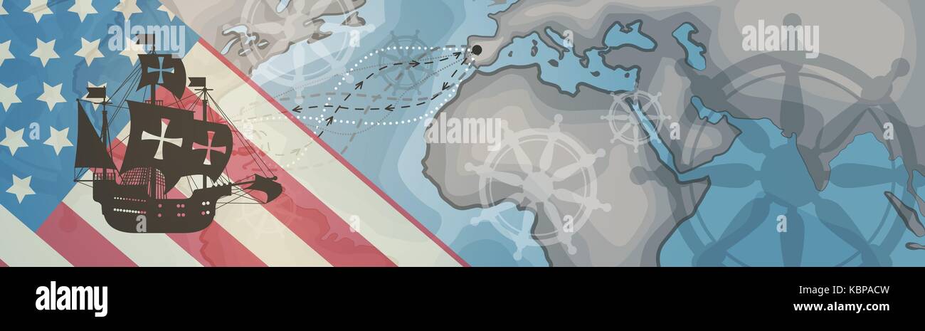 Felice il Columbus day america scoprire holiday poster greeting card retrò mappa Mondo banner orizzontale Illustrazione Vettoriale