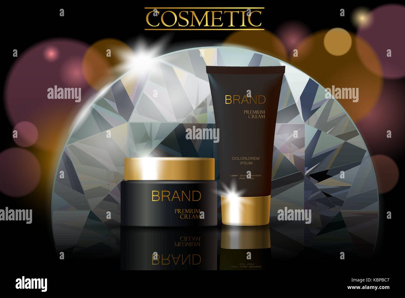 Black Diamond annuncio cosmetici Design modello. dorato scuro la cura della pelle confezione azzuro tubo riflessione di vetro. viola sfocata defocuced promotiona sfondo Illustrazione Vettoriale