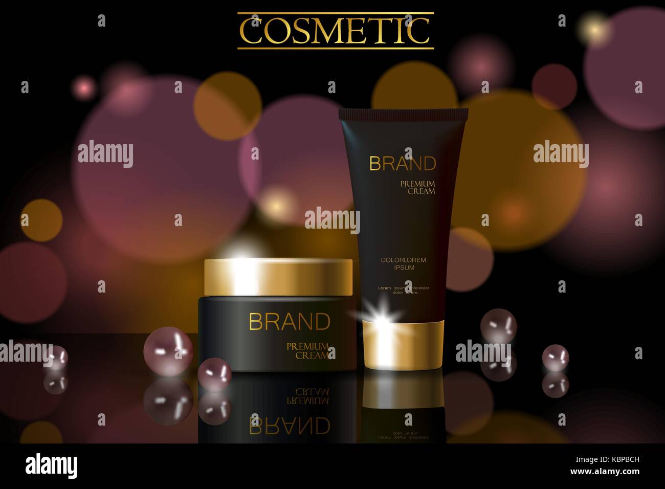 Perla nera annuncio cosmetici Design modello. dorato scuro la cura della pelle confezione tubo riflessione di vetro. viola sfocato sfondo defocuced banner promozionali ve Illustrazione Vettoriale