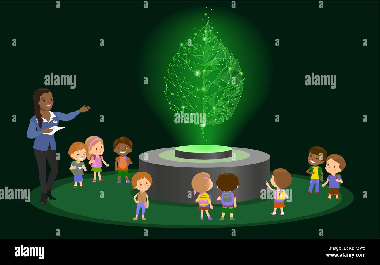 Innovazione Istruzione scuola kindergarten africana di pelle marrone capelli neri gruppo ologramma per bambini sul futuro museo centro. illustrazione vettoriale.3d green leafs Illustrazione Vettoriale