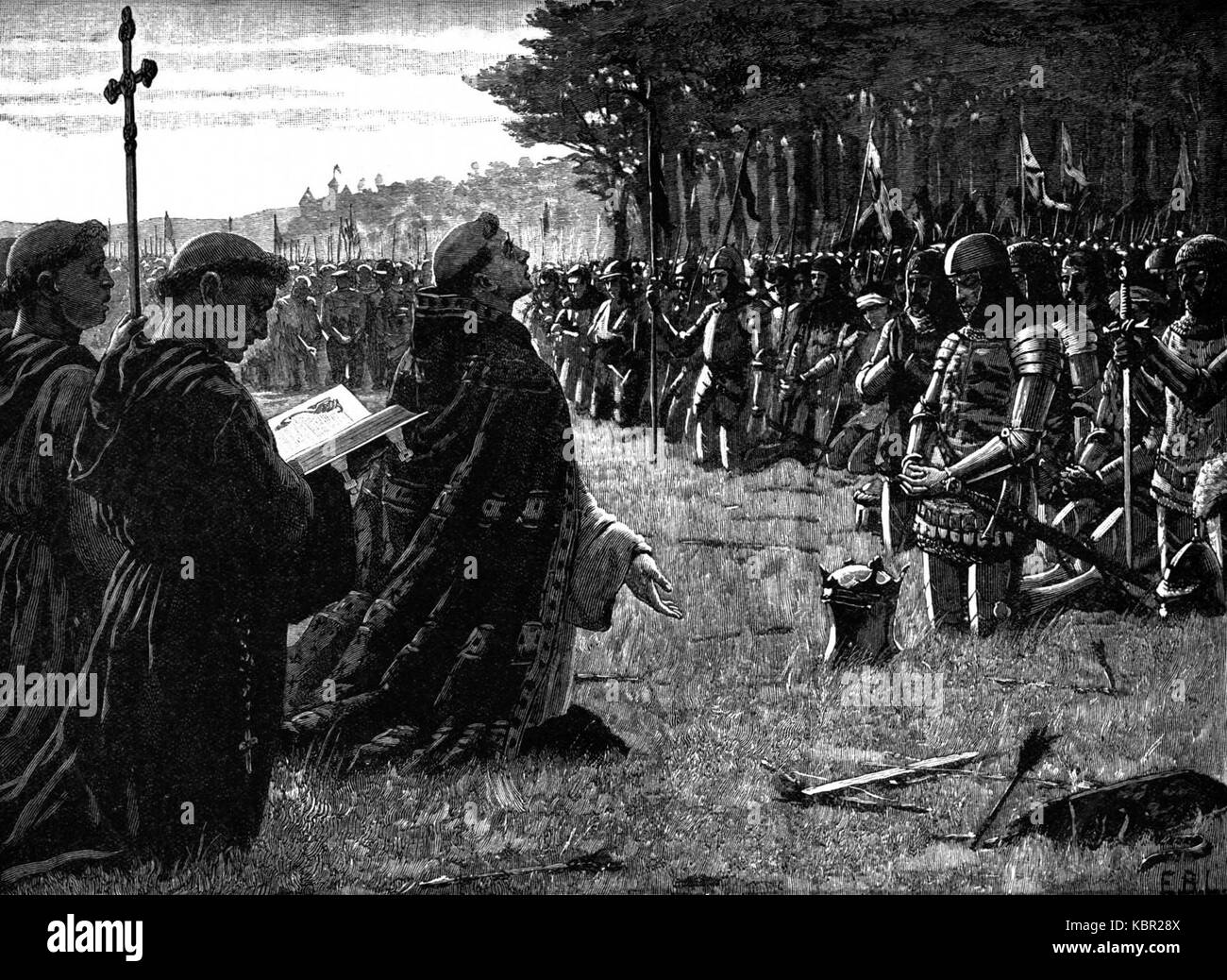 Un servizio storico tenuto sul campo di battaglia di Agincourt, commemorando la vittoria delle forze inglesi nel 1415 durante la guerra dei cent'anni. Foto Stock