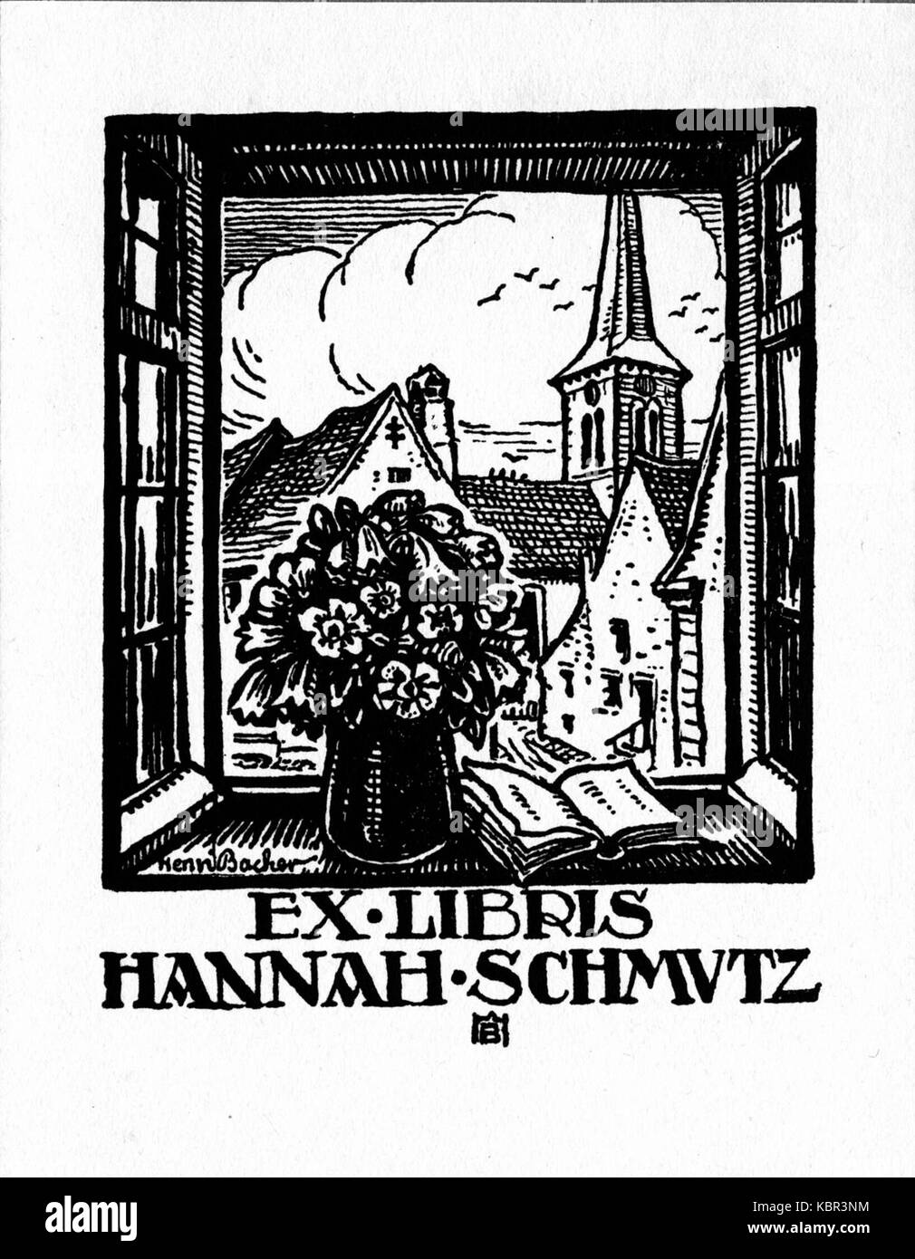 Ex libris Hanna Schmutz è una libreria personalizzata, spesso usata per marcare la proprietà. Il design riflette i gusti o gli interessi dell'individuo, con un legame con la cultura bibliofila e la tradizione della collezione di libri. Foto Stock