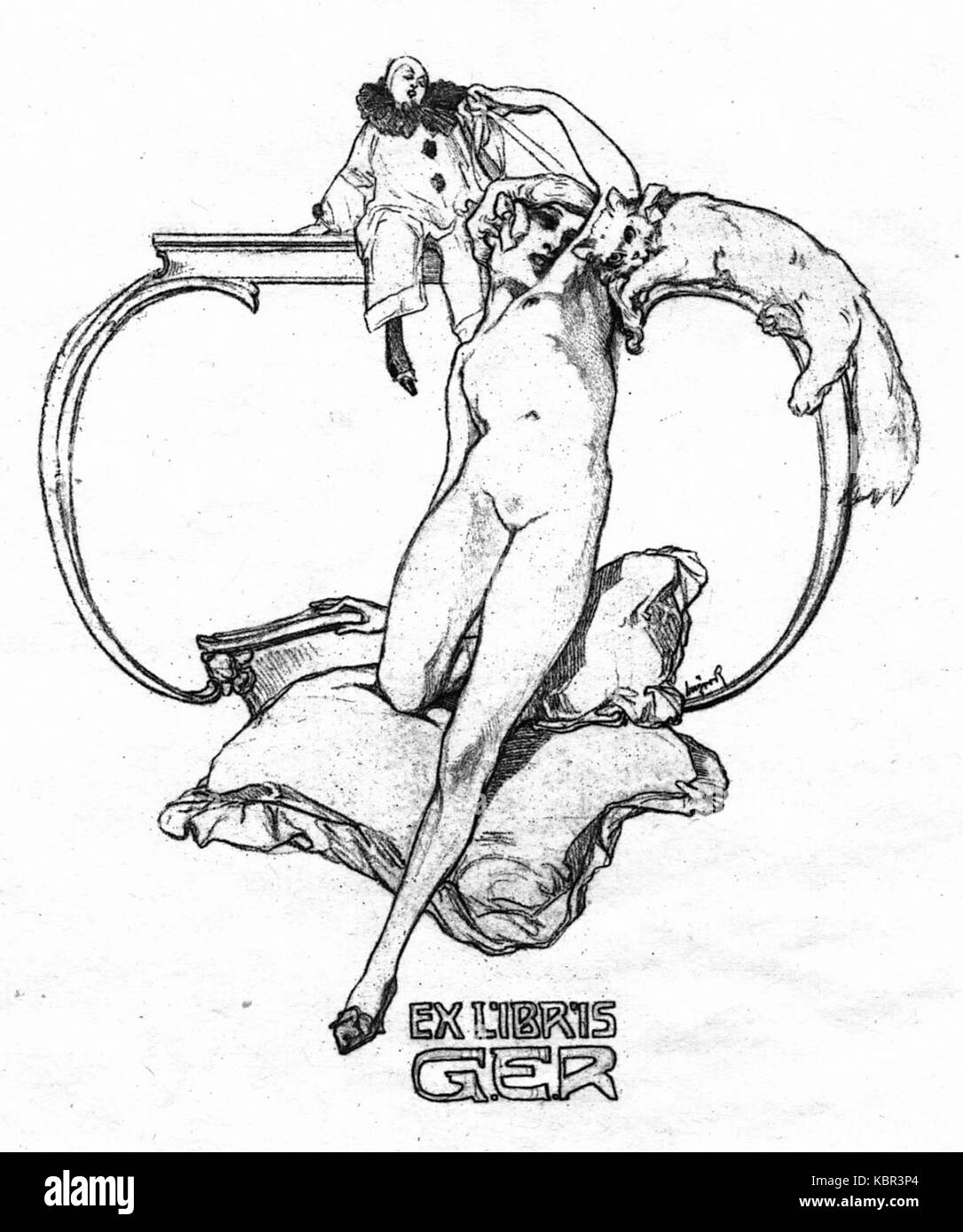 Questo disegno ex libris, creato da Franz von Bayros, presenta probabilmente opere d'arte ornate e intricate, che riflettono la tradizione europea delle librerie del tardo XIX secolo o dell'inizio del XX secolo. Foto Stock