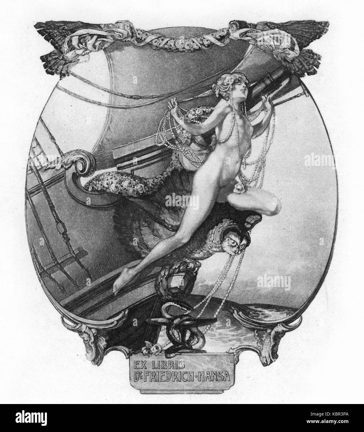 Ex libris opera d'arte di Franz von Bayros, un noto artista, che presenta un disegno per la biblioteca personale di Friedrich Hansa. Questa incisione esemplifica lo stile intricato e simbolico di Bayros. Foto Stock