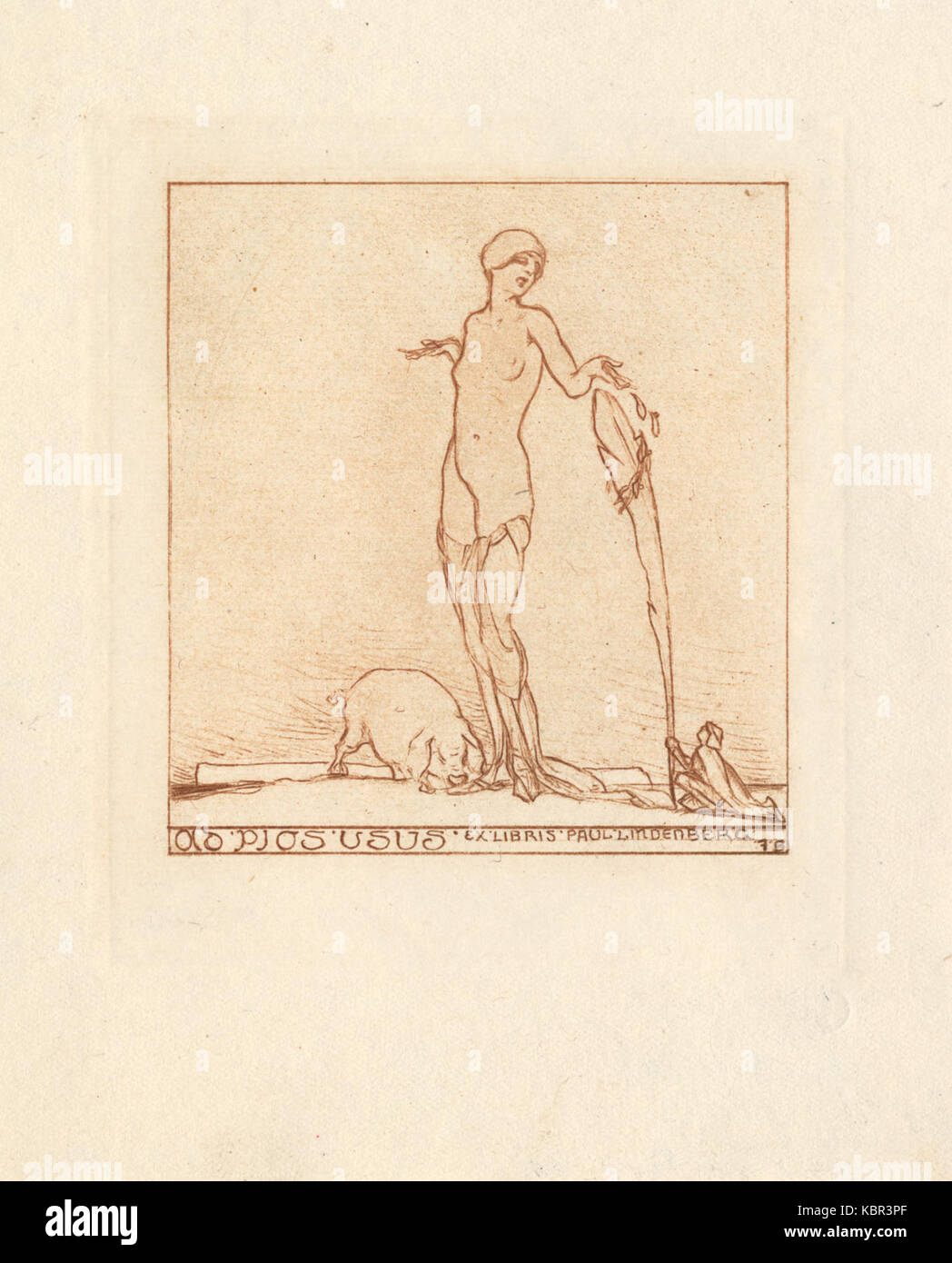 Questo piatto ex libris, disegnato da Franz von Bayros, presenta opere d'arte complesse e serve da libreria per Paul Lindenberg, che mostra il design personalizzato che identifica il proprietario del libro. Bayros era noto per le sue dettagliate incisioni artistiche. Foto Stock