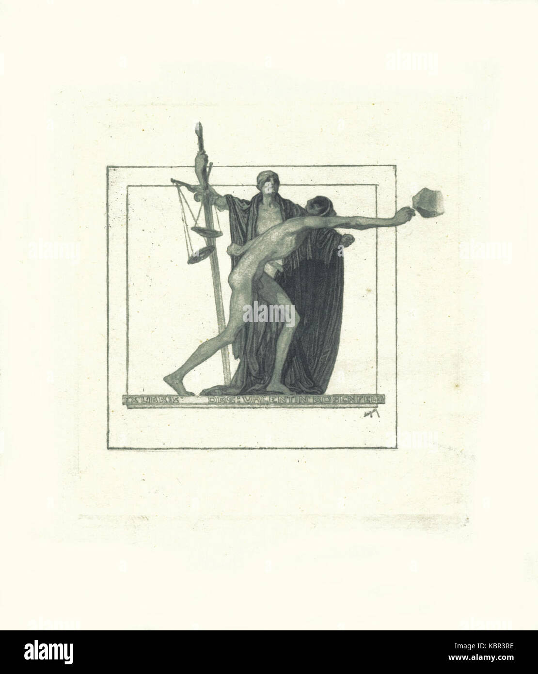 Il design Ex Libris di Franz von Bayros per Valentin Rosenfeld è un'opera dettagliata su una libreria. Ex Libris, che significa "dalla biblioteca di", è usato per segnare la proprietà dei libri, e questo pezzo presenta immagini intricate tipiche dello stile Bayros. Foto Stock