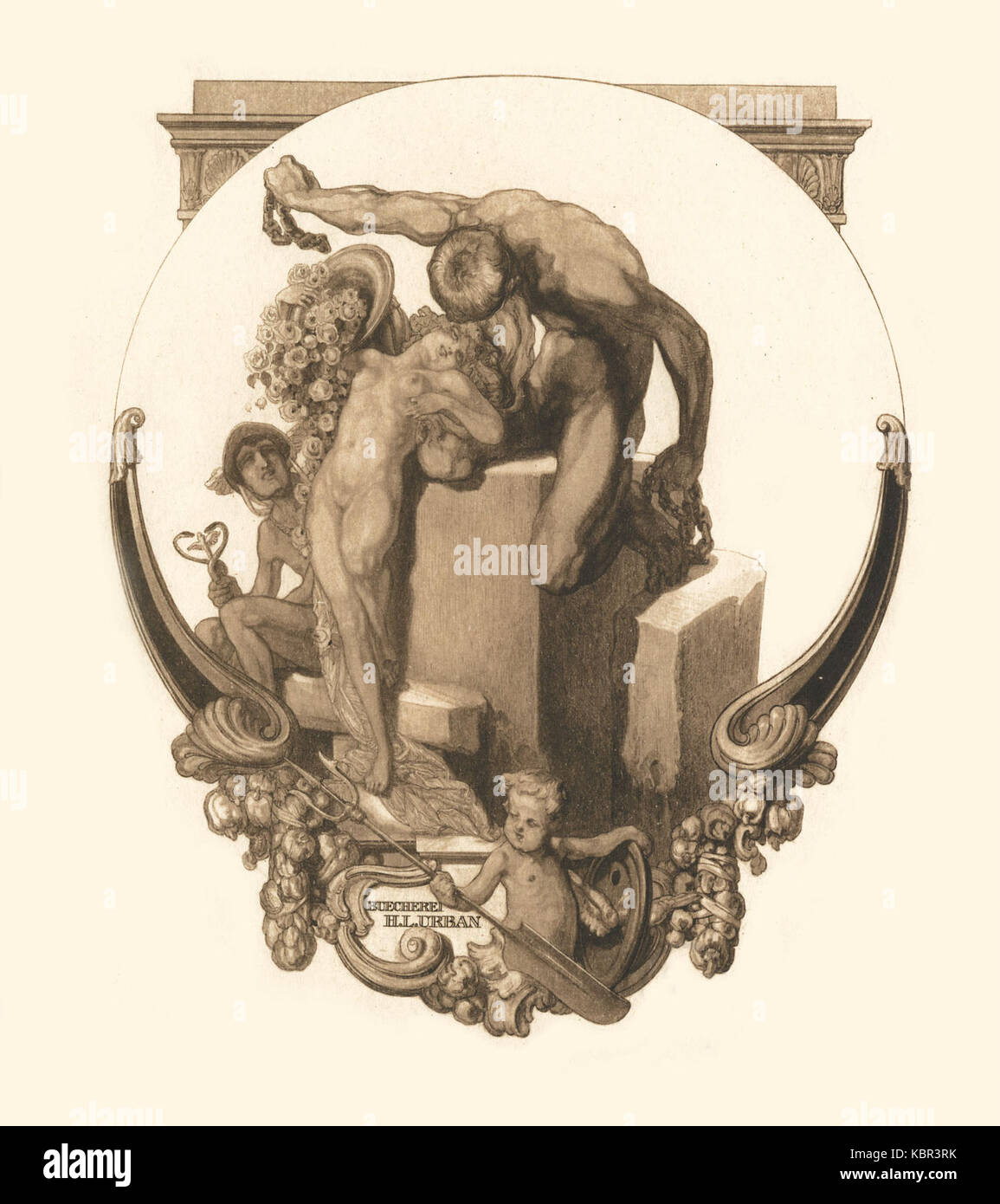 Il design ex libris di Franz von Bayros per H.L. Urban, che presenta opere d'arte intricate e decorative che simboleggiano la collezione letteraria del proprietario, mescolando arte e proprietà. Foto Stock