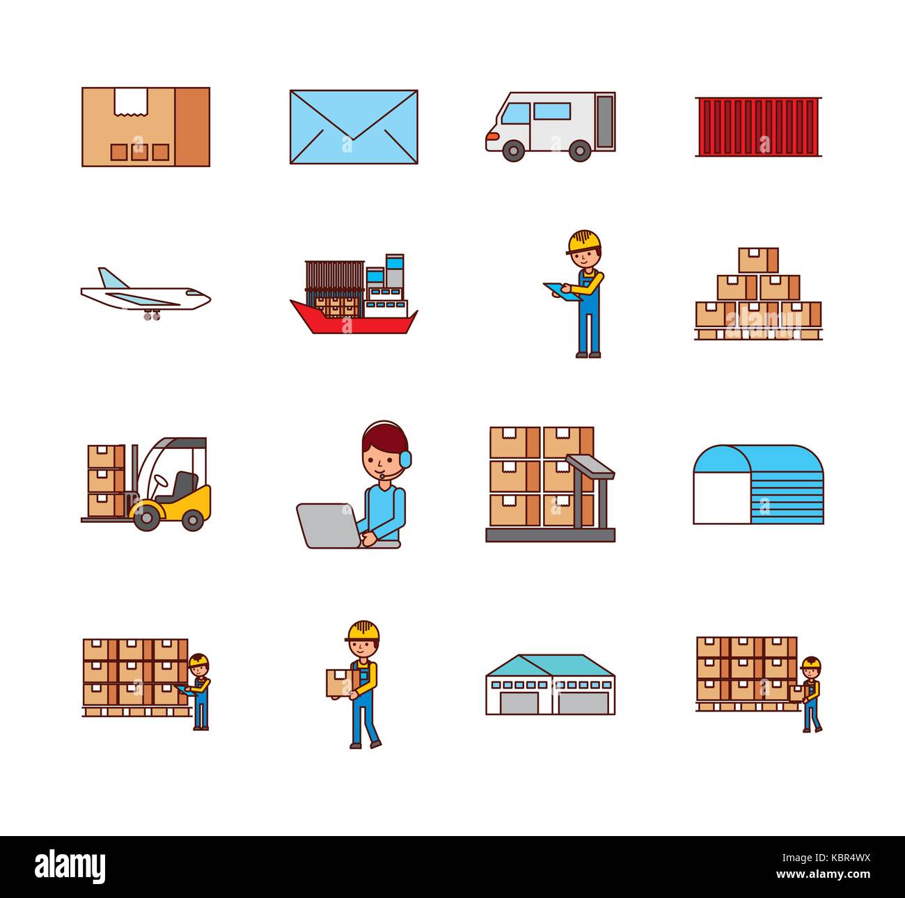Set di icone di logistica della Posta consegna trasporto delle scatole Illustrazione Vettoriale
