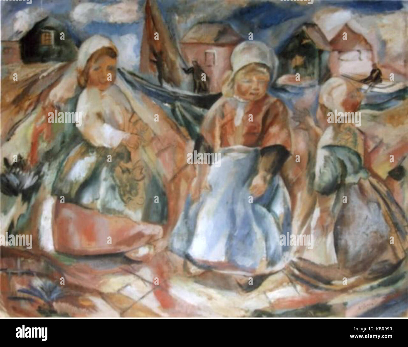 "Fetite olandeze cu saboti de lemn" (ragazze olandesi in scarpe di legno) è un dipinto dell'artista rumena Elena Popea, raffigurante ragazze olandesi che indossano scarpe tradizionali in legno, una rappresentazione culturale della vita rurale olandese. Foto Stock