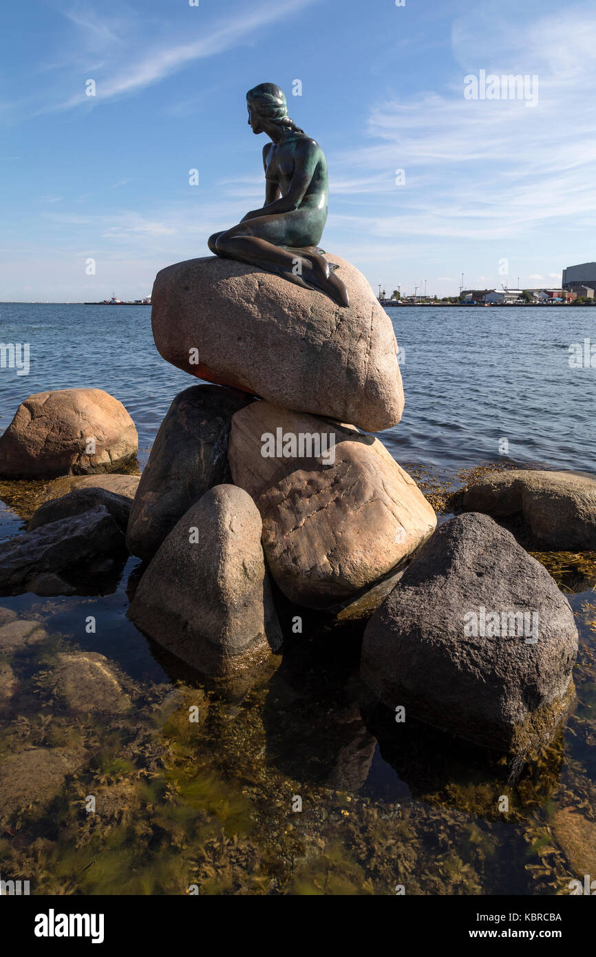 La Sirenetta Langelinie al lungomare di copenhagen, Danimarca. basato sulla fiaba di Hans Christian Andersen, la piccola e bronzo unimposing Foto Stock