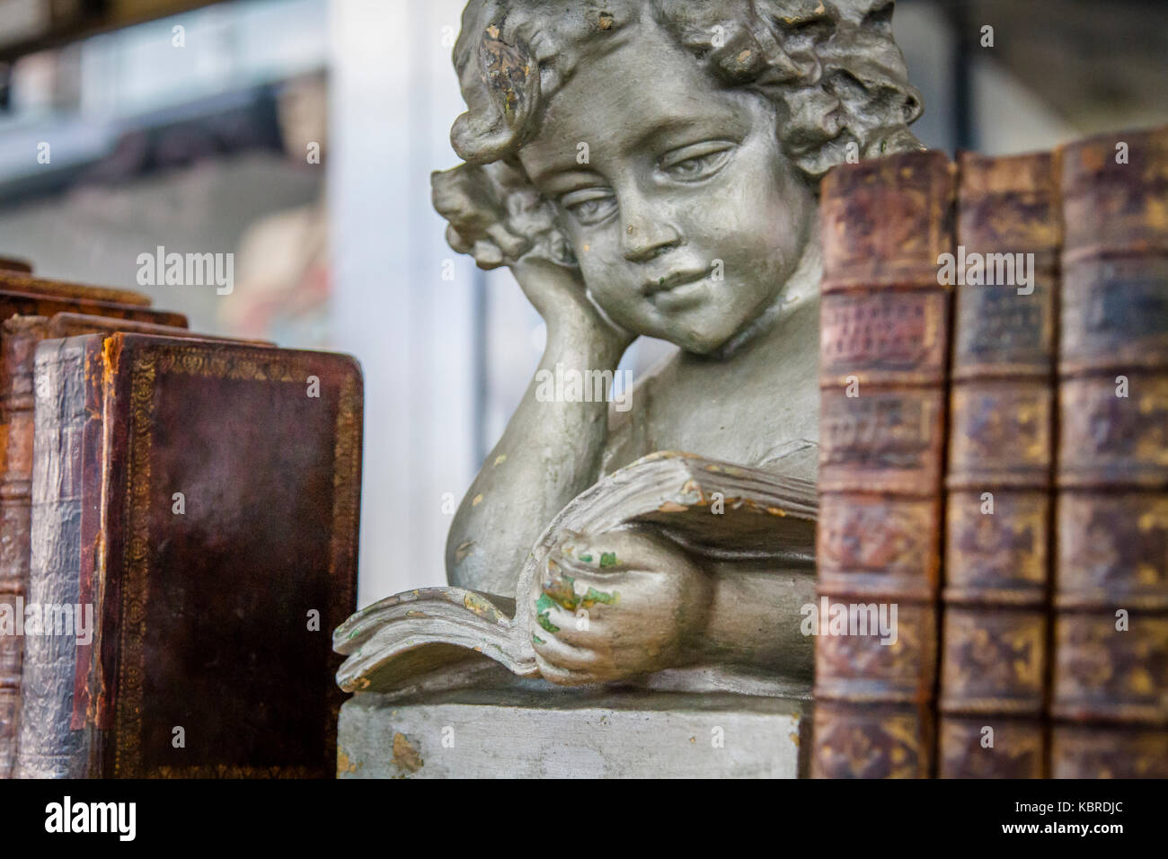 Statua di angelo lettura accanto al vecchio brown libri su uno scaffale Foto Stock