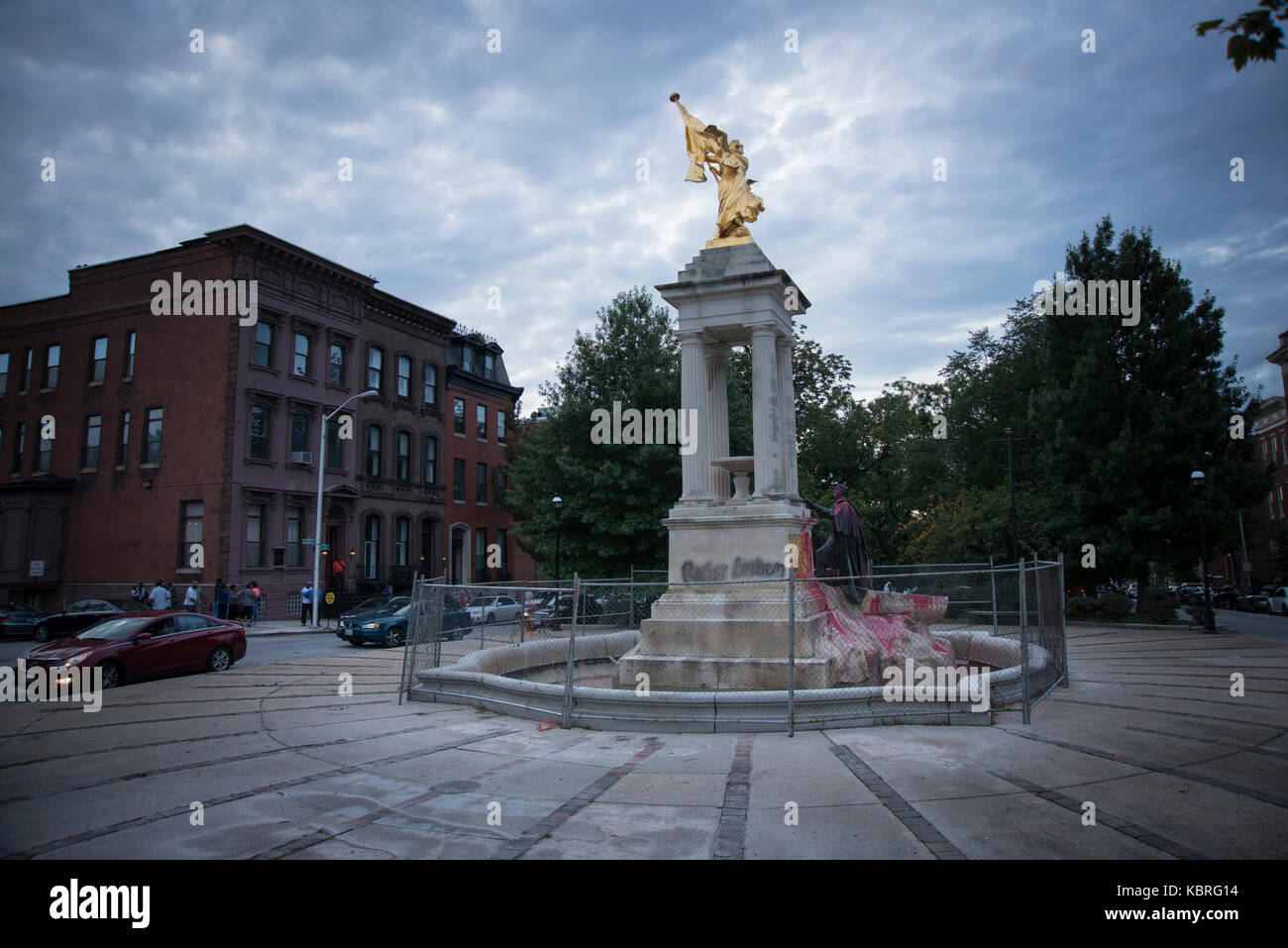 Francis Scott key statua in Bolton hill vandalizzato con spray-vernice. baltimore city recentemente rimosso tre monumenti in onore di figure confederato Foto Stock