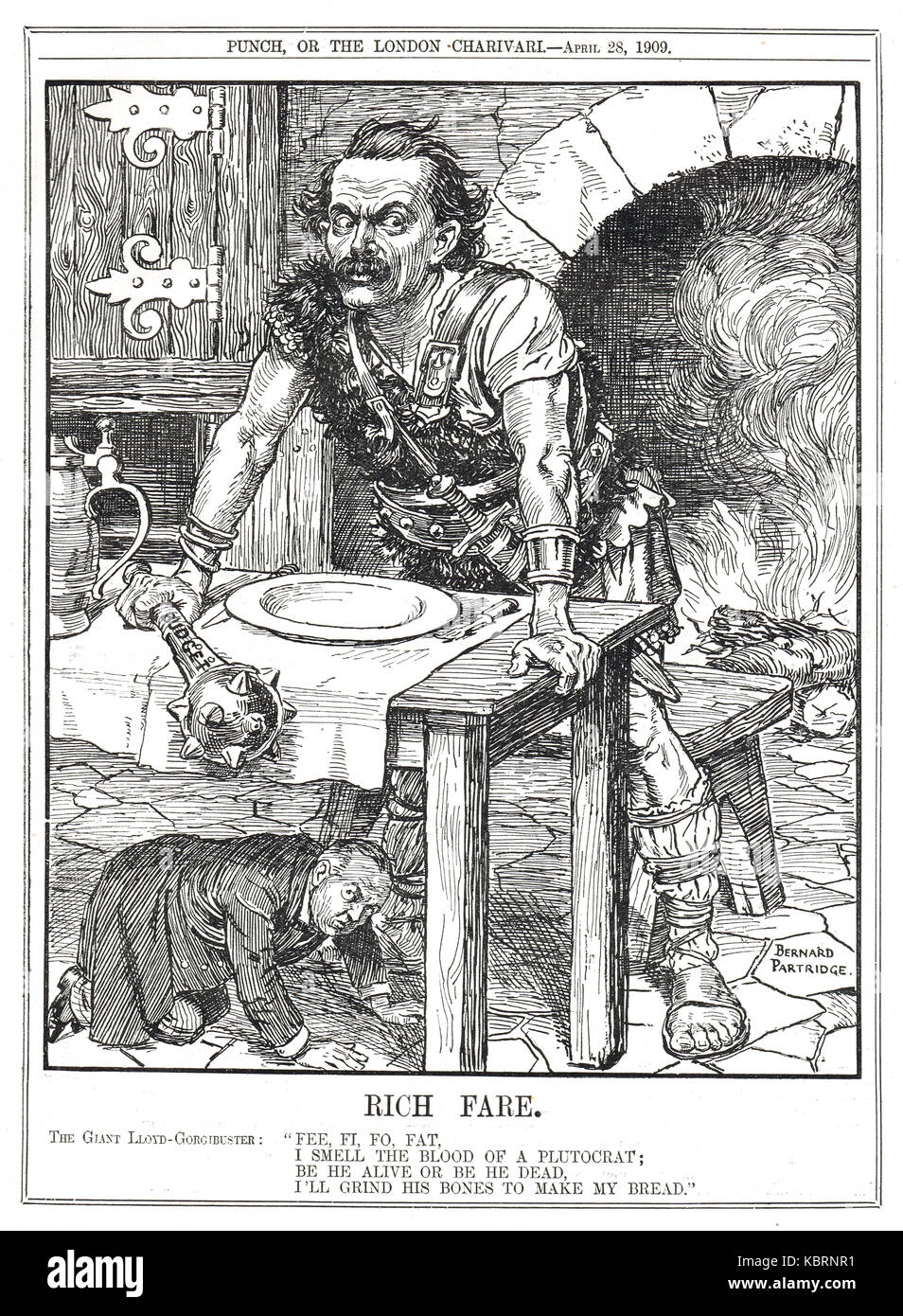 Lloyd George come una pantomima giant annusare il ricco e il popolo del bilancio, 1909-10 Foto Stock
