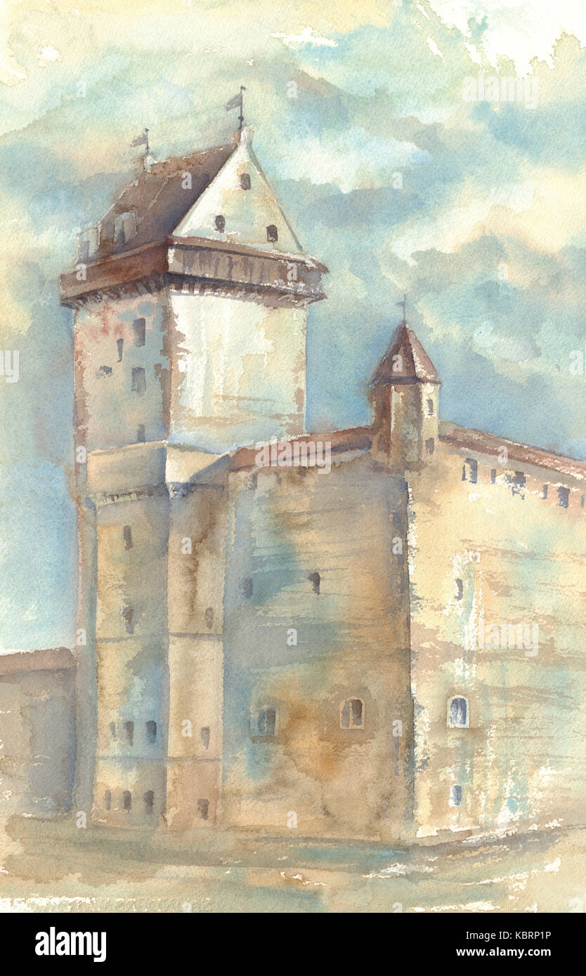 La pittura ad acquerello del castello medievale Foto Stock