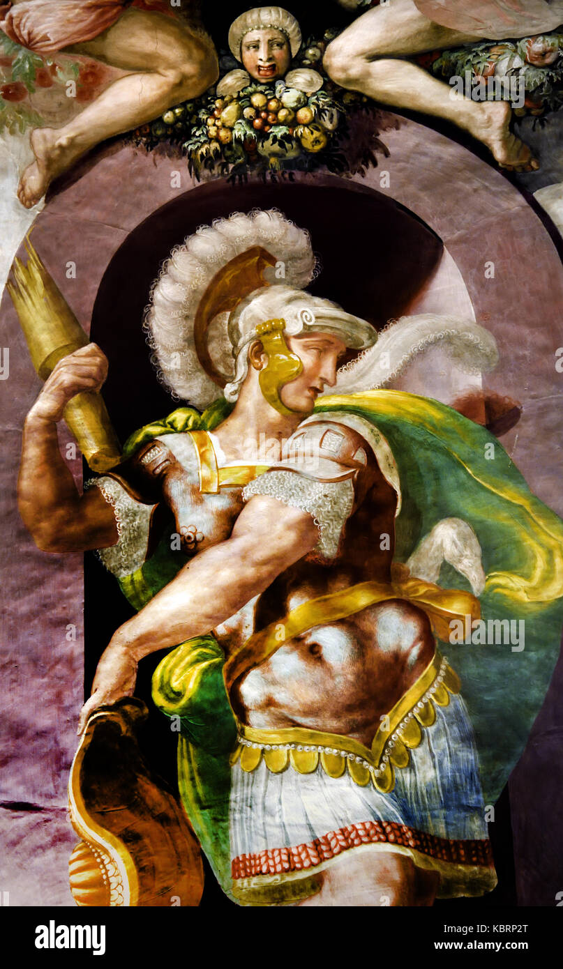 Il pubblico camera o sala della giustizia (Sala dell'Udienz ) utilizzati per alloggiare le riunioni dei sei priori (corporazione maestri di arti). Essa contiene le più antiche decorazioni in palazzo.( i grandi affreschi sulle pareti di un valore decorativo che rappresenta le Storie di Furio Camillo, da Francesco Salviati, erano state effettuate a metà del XVI secolo. ) Il Palazzo Vecchio a Firenze Italia Foto Stock