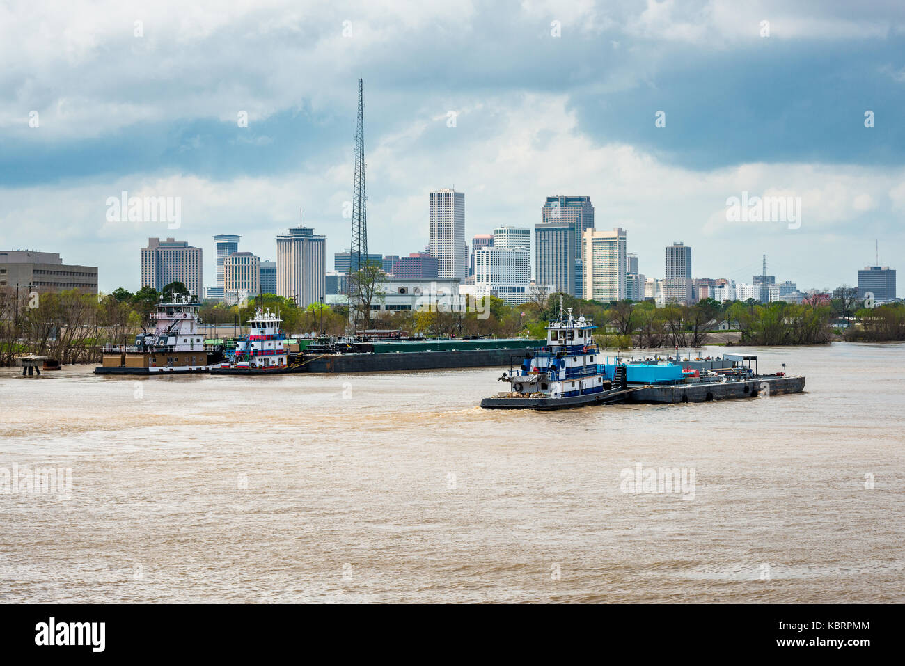 Skyline di New Orleans e il fiume Mississippi Foto Stock
