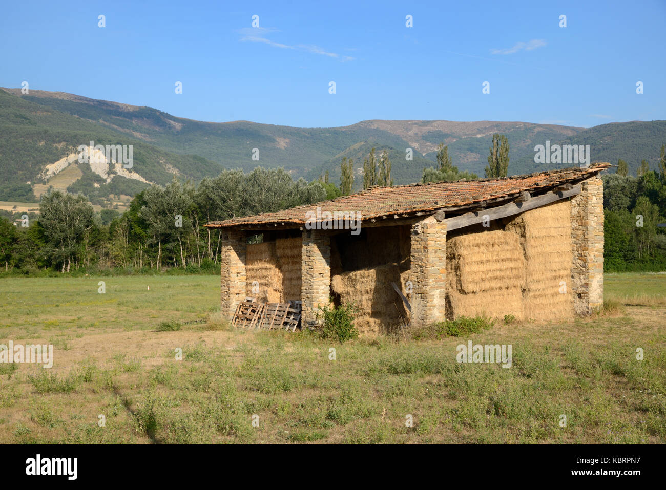 Fienile e balle di fieno in clumunc nella parte superiore della valle di inter, alpês-de-haute-provence, Provenza Francia Foto Stock