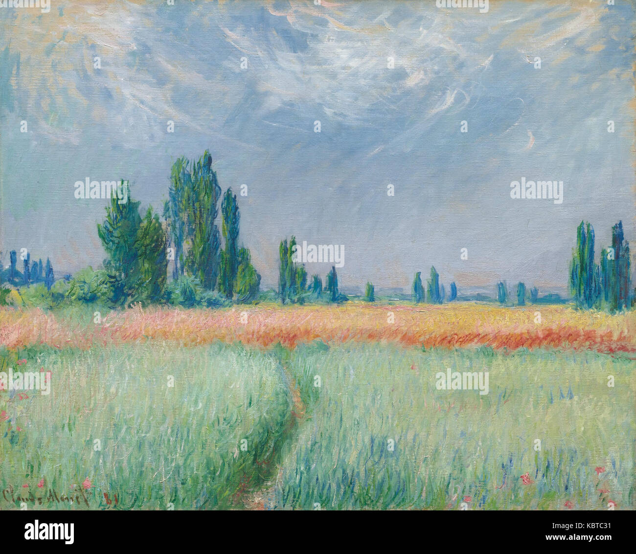 "Weizenfeld" di Claude Monet (1881) raffigura un campo di grano con alberi lontani, esemplificando il suo stile impressionista attraverso pennellate sfumate e sottili transizioni di colore. Foto Stock