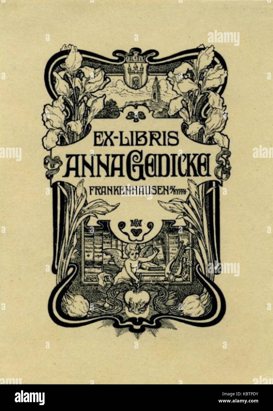 Una targa *Ex Libris* di Anna Gedicke di Frankenhausen, che segna la proprietà di un libro. Le lastre ex Libris sono utilizzate per personalizzare i libri e identificare i loro proprietari in una tradizione culturale risalente a secoli fa. Foto Stock