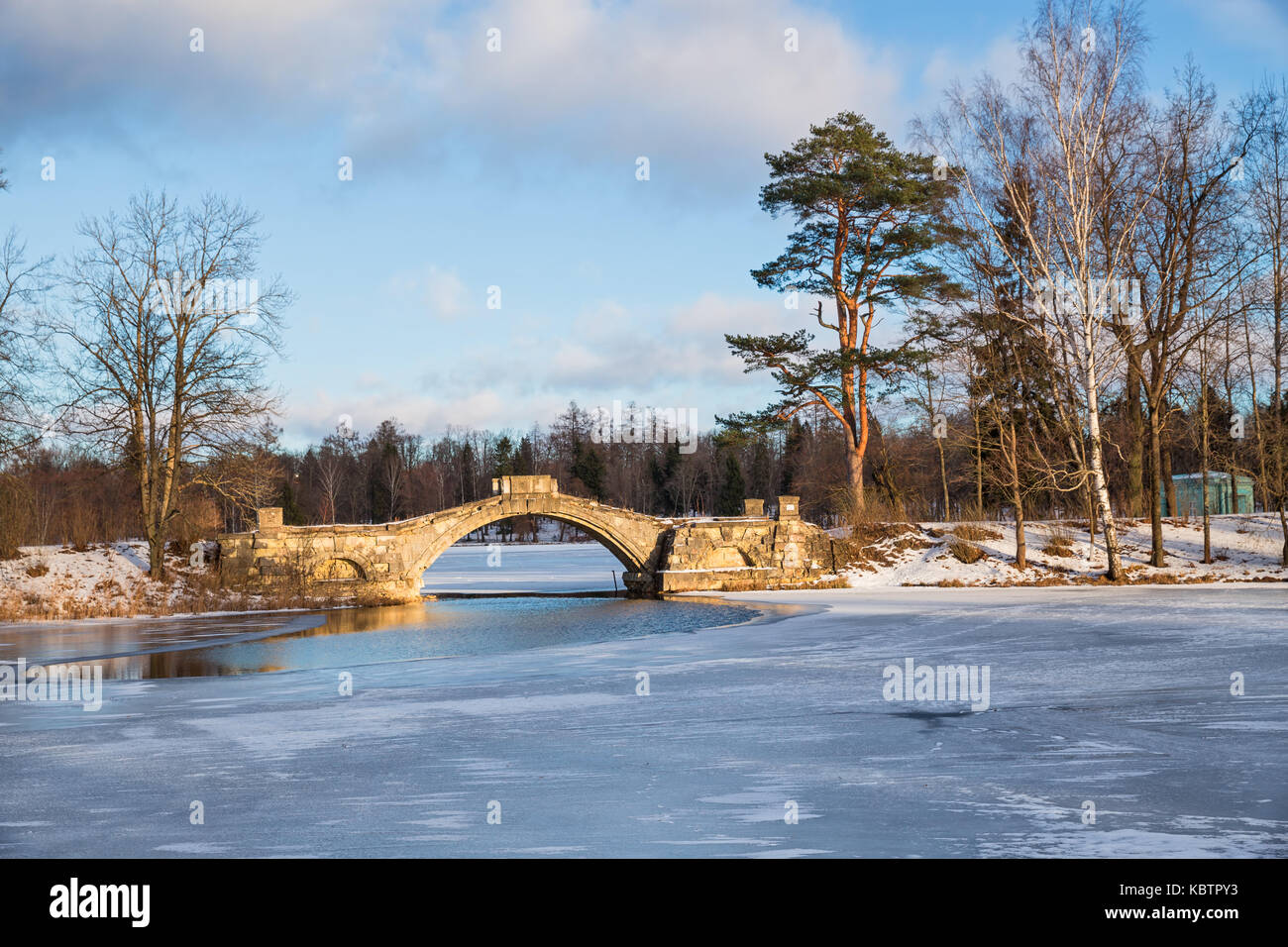 Vista del ponte di humpback a giornata soleggiata nel gennaio. gatchina il palazzo ed il parco, Russia Foto Stock