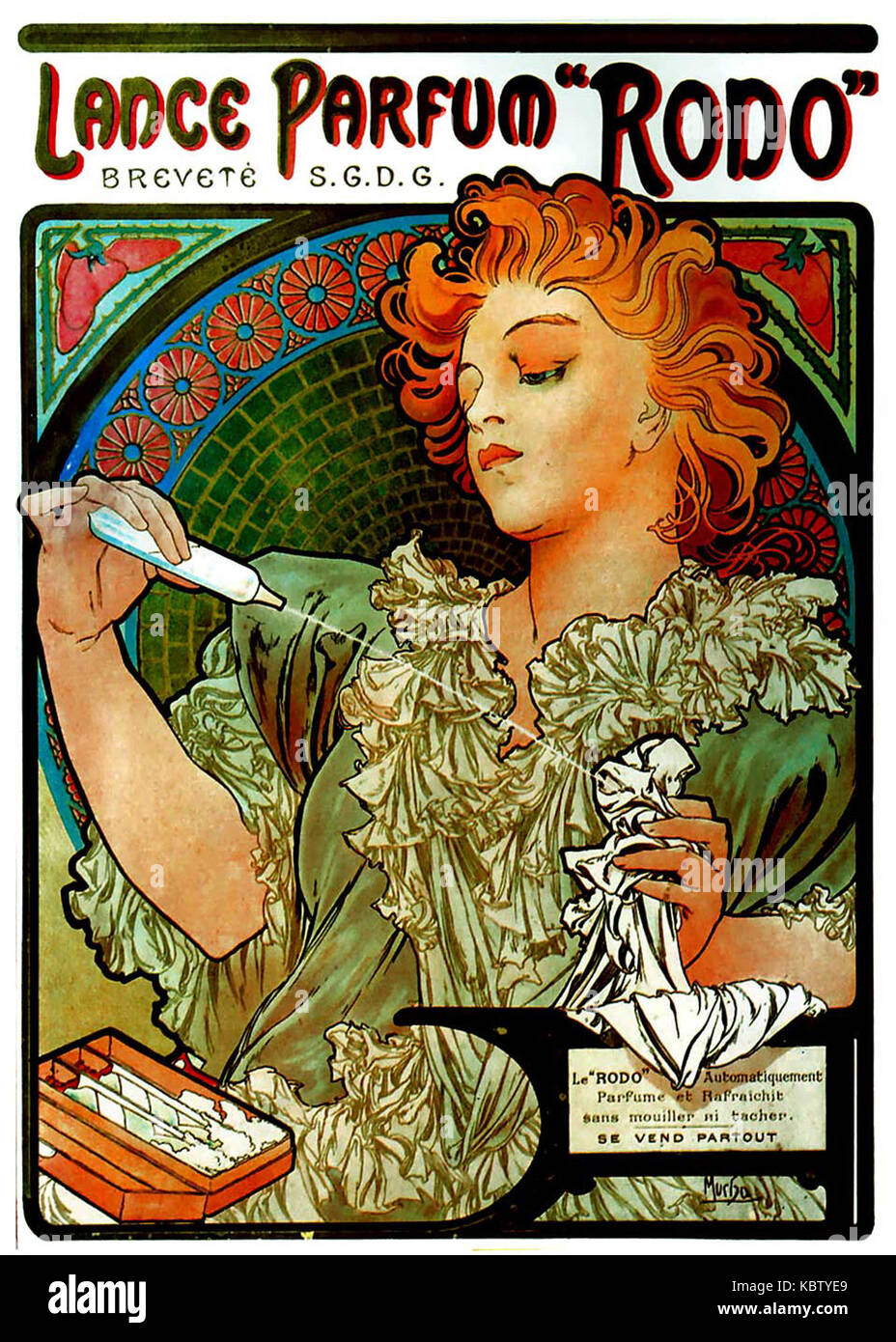 Una pubblicità vintage per Mucha Lance Parfum Rodo, che mostra l'eleganza e lo stile art-deco associati al marchio di profumi. L'immagine riflette le tendenze estetiche dei primi anni del XX secolo. Foto Stock