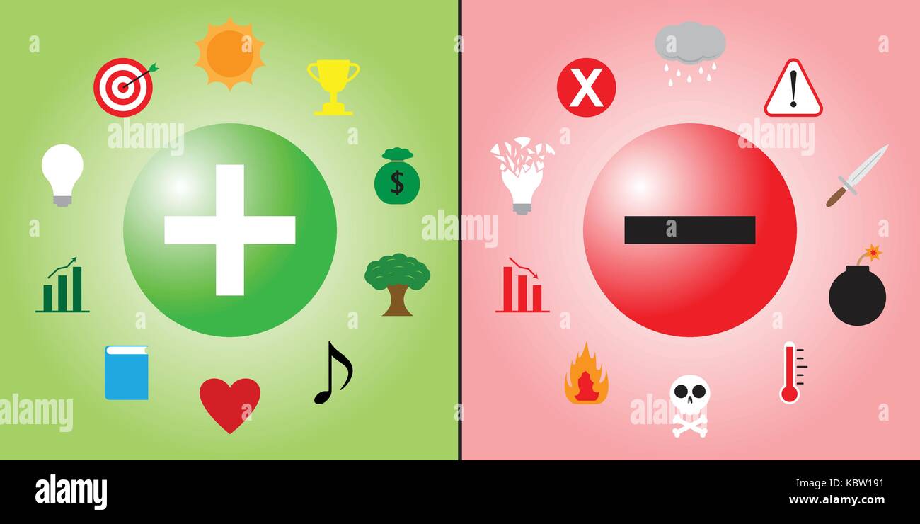 Il simbolo positivo è circondata dalla creatività & ricreazione icone e simbolo di negativo è circondata da violenza e icone di depressione Illustrazione Vettoriale