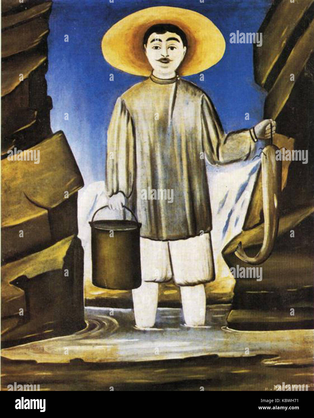 *Fisherman Among Rocks* di Niko Pirosmani è un dipinto ad olio su tela oleosa, raffigurante un pescatore in un paesaggio aspro, ospitato nella Galleria Tretyakov a Mosca, Russia. Foto Stock