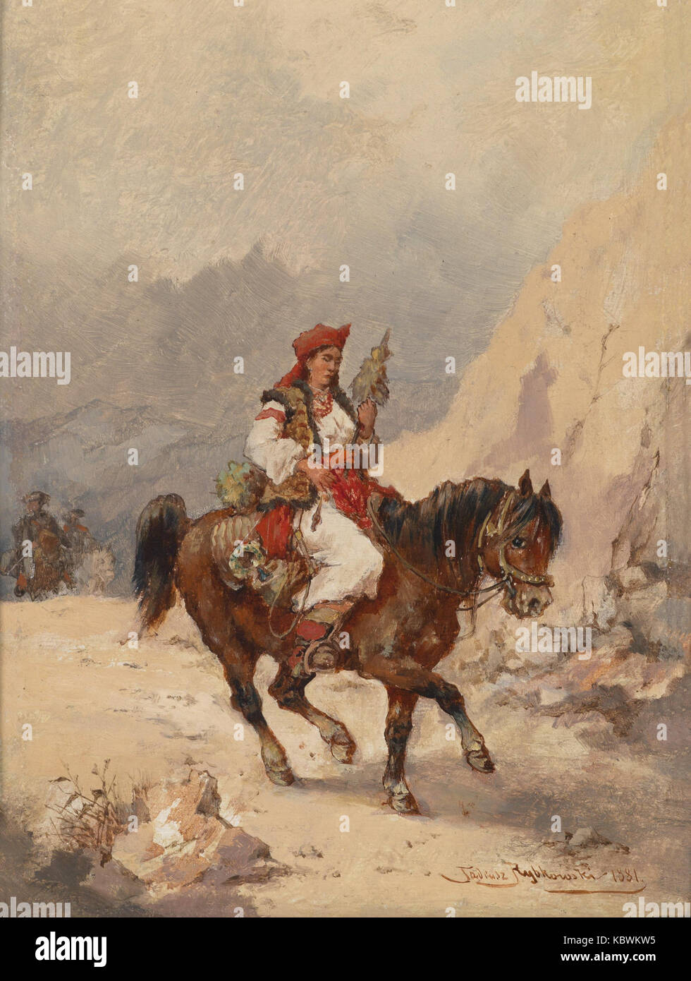 Questo dipinto del 1881 di Tadeusz Rybkowski intitolato "Montenegrische Reiterin" (cavaliere montenegrino) raffigura una donna del Montenegro che mostra abbigliamento tradizionale e stile equestre della regione. Foto Stock