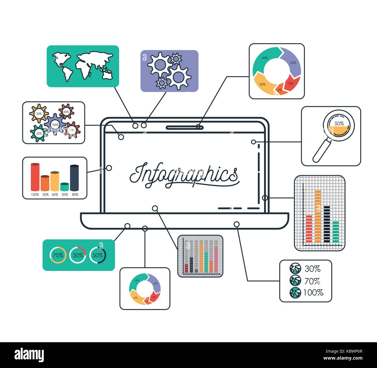 Infographics e statistiche con computer portatile Illustrazione Vettoriale