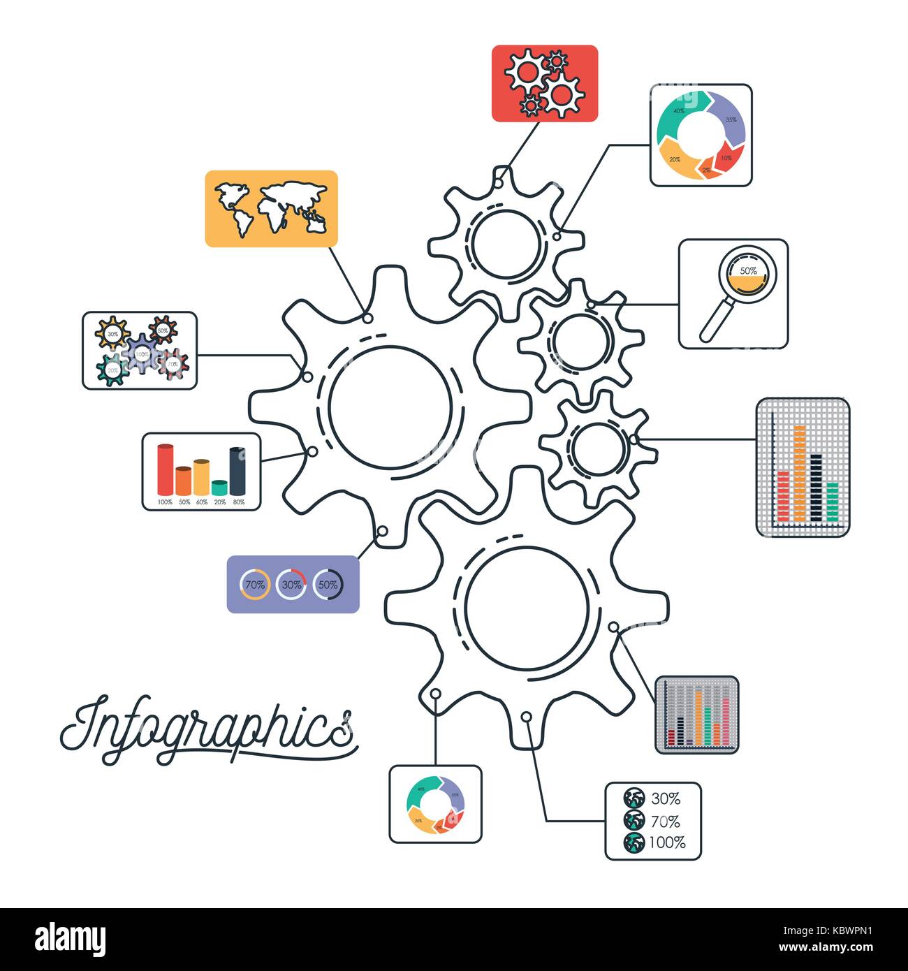 Infographics e statistiche con pignoni impostato Illustrazione Vettoriale