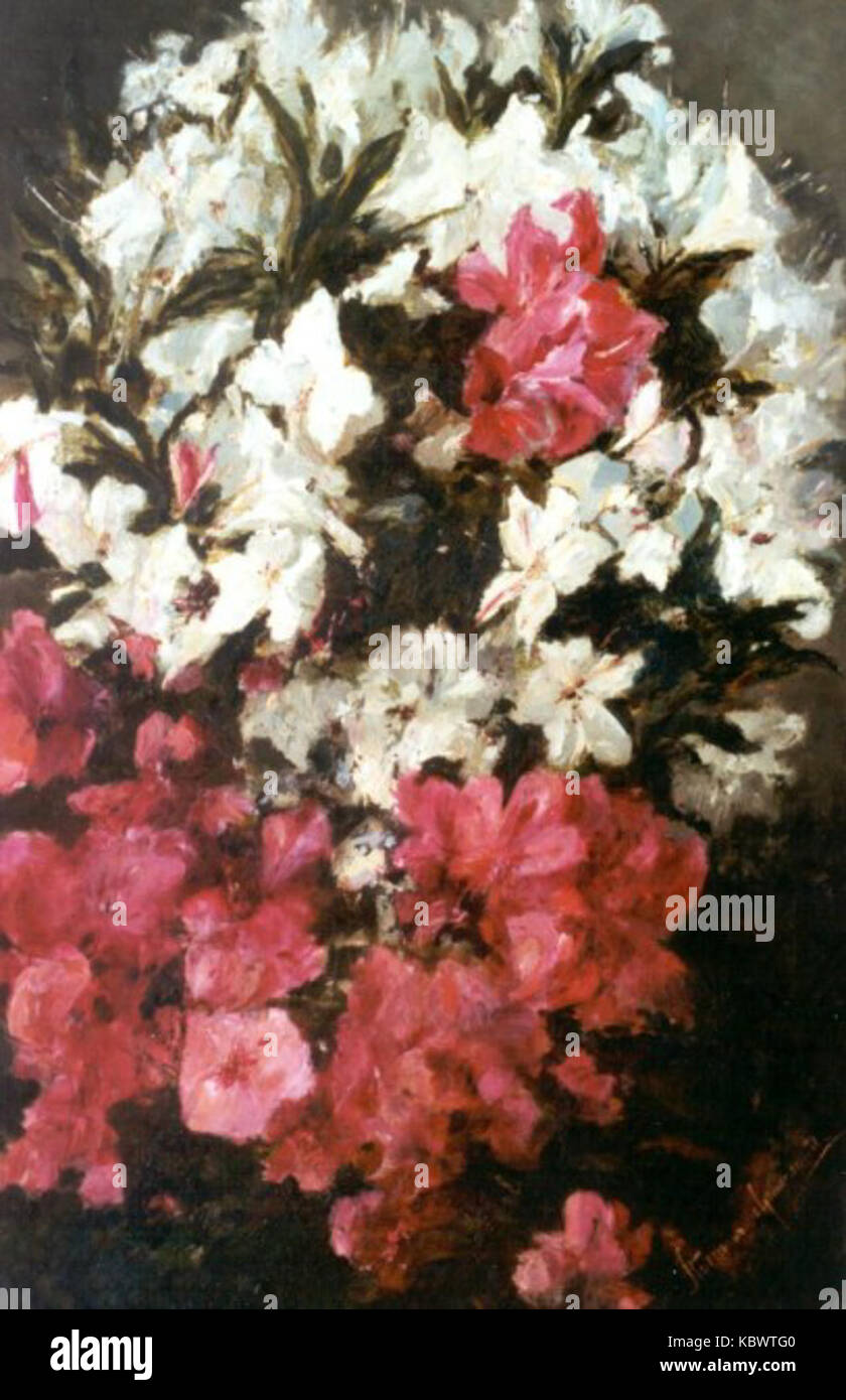 Questa immagine cattura le vivide azalee durante una tempesta in un giardino cinese. I delicati fiori contrastano con il cielo scuro, creando una scena naturale drammatica. Foto Stock