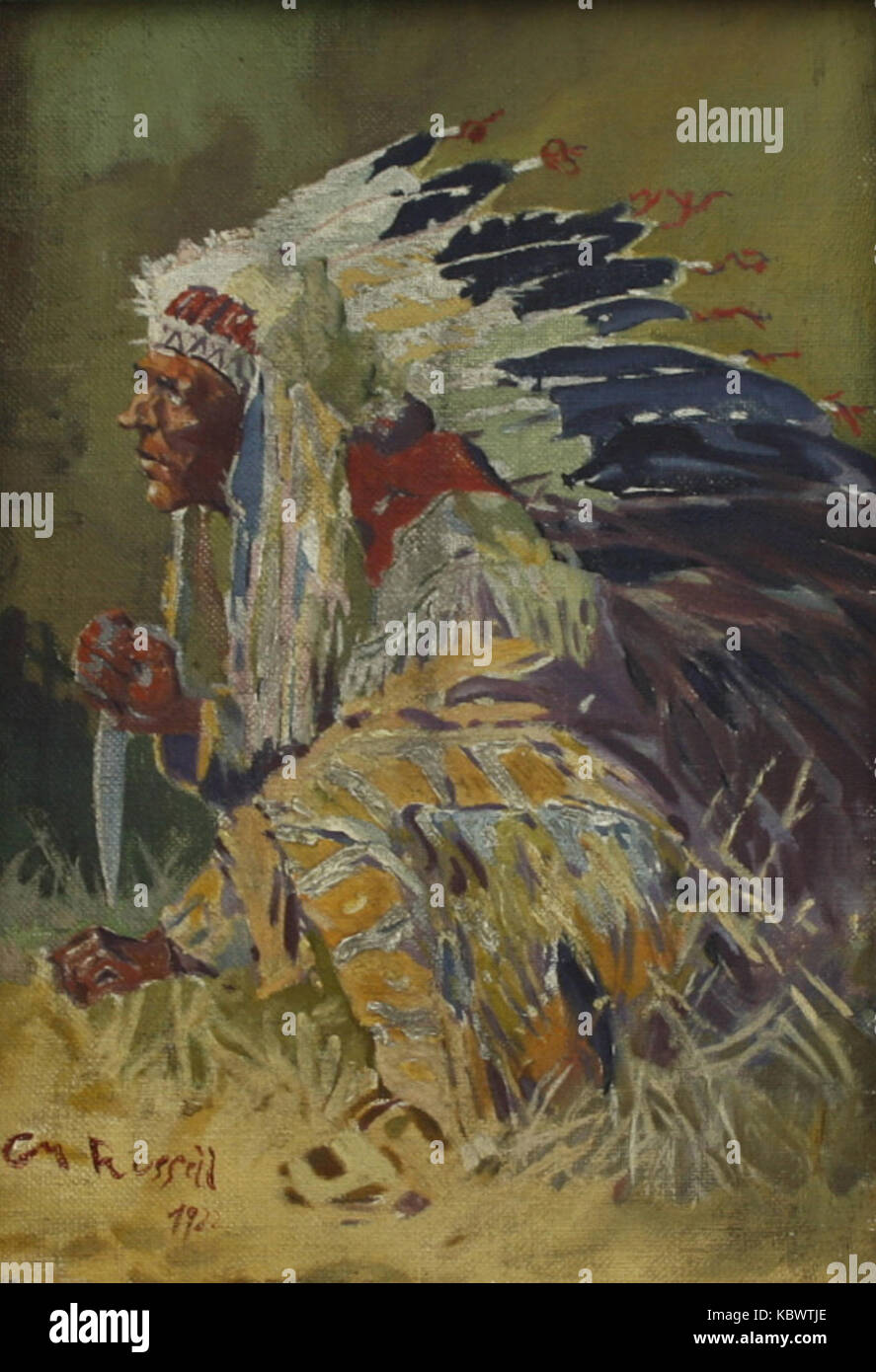 Un dipinto attribuito a Charles Marion Russell, raffigurante un capo Sioux, che mostra la cultura e la storia dei nativi americani attraverso l'arte. L'immagine mette in evidenza la figura nell'abbigliamento tradizionale, sottolineando la leadership tribale. Foto Stock