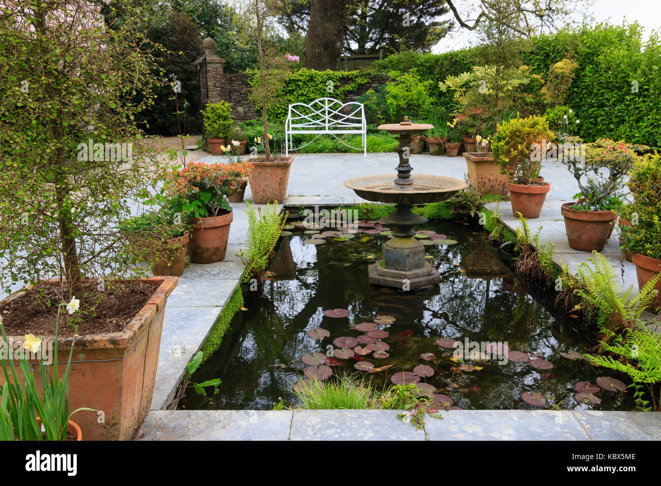 Piscina ornamentali, pentole e pavimentazione in giardino a Heligan, Cornwall, Regno Unito Foto Stock