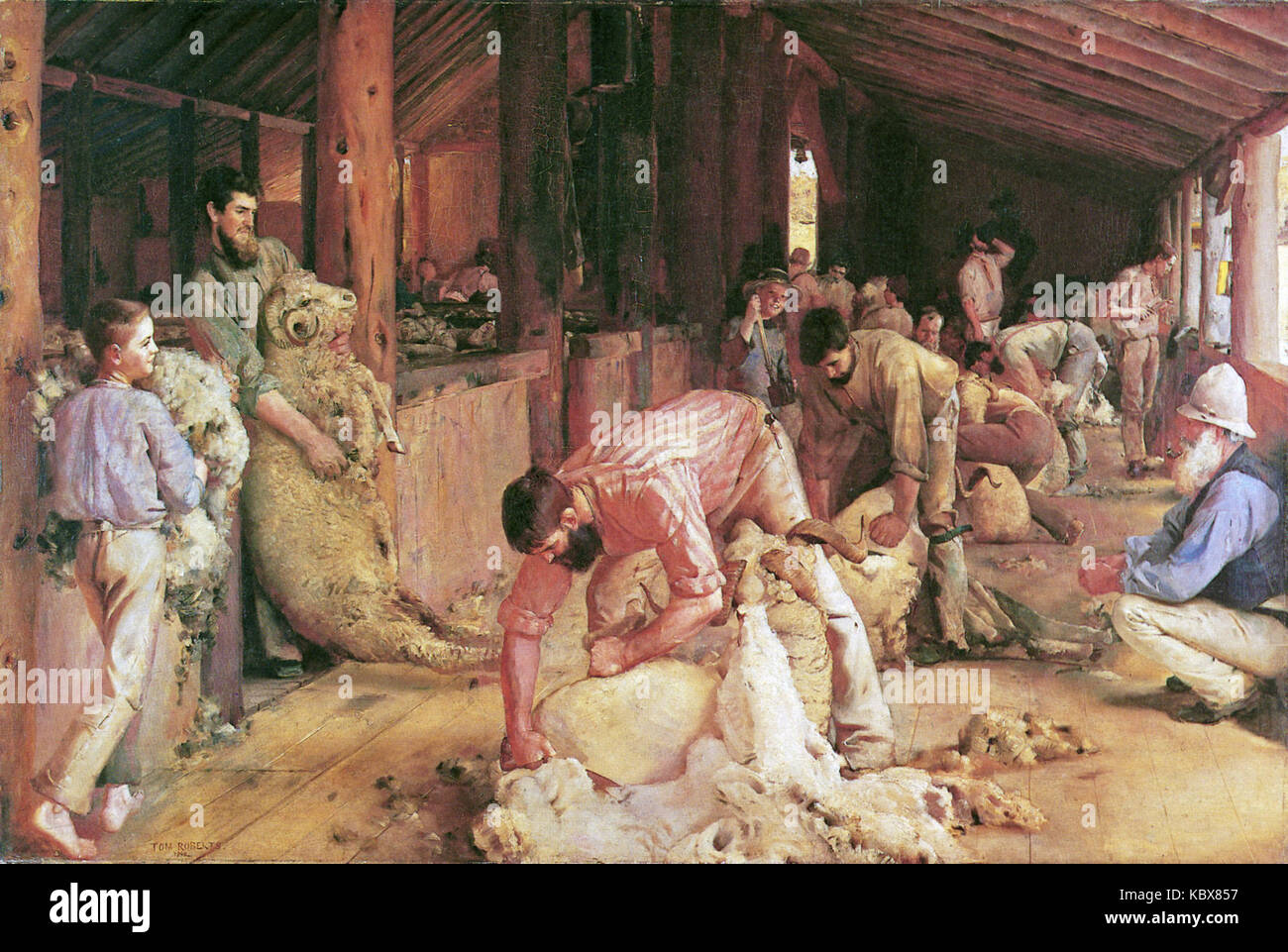 "Shearing the Rams" di Tom Roberts rappresenta un momento iconico nella storia agricola dell'Australia, catturando l'intensa attività di tosatura delle pecore nell'Outback. Foto Stock