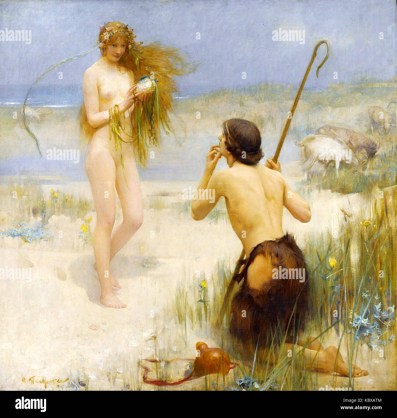 "La cameriera del mare" di Arthur hacker è un dipinto classico che esplora il tema del mare, con una figura sirena circondata dalla vita marina e incarna il misticismo dell'oceano. Foto Stock