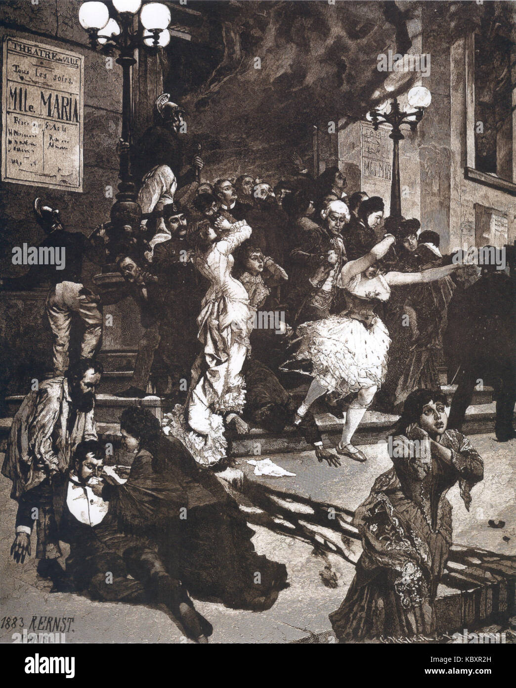 Un'illustrazione o una rappresentazione del "Theaterbrand" (fuoco teatrale) di Rudolph Ernst, datata 1883. Questo lavoro probabilmente cattura una scena drammatica legata a un grande incendio in un teatro durante la fine del XIX secolo. Foto Stock