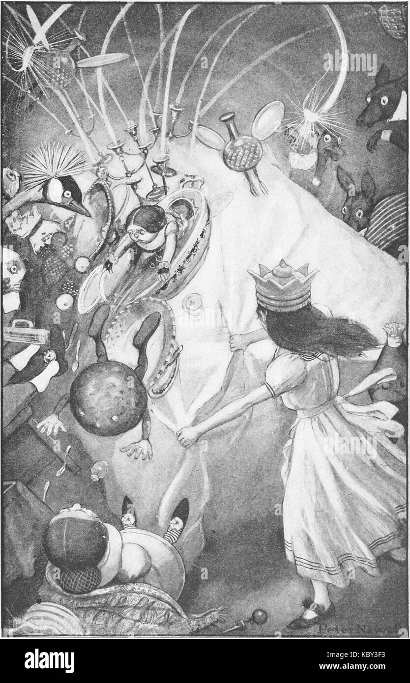 Illustrazione di Peter Newell del 1902 per *Through the Looking Glass* di Lewis Carroll, che mostra una scena immaginativa del libro. Questa edizione è riconosciuta per i suoi contributi artistici al racconto classico. Foto Stock