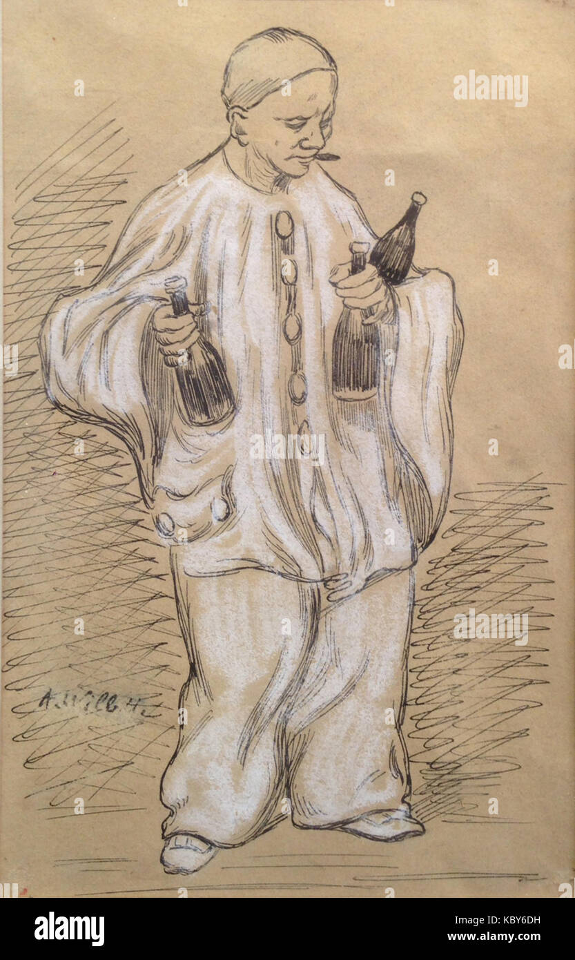 Willette A. inchiostro, Chalk Pierrot aux bouteilles fumant 14.2x23cm Foto Stock