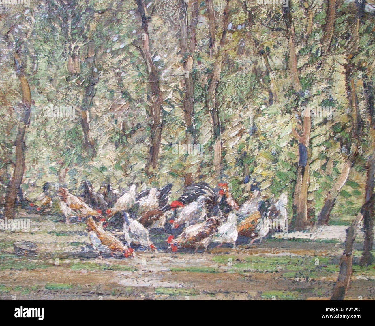 Il dipinto "Chickens in a Wood" di Kershaw Schofield presenta una scena pastorale che cattura polli in un ambiente boschivo naturale. Questa opera d'arte mette in risalto la vita rurale e la bellezza degli ambienti di campagna. Foto Stock