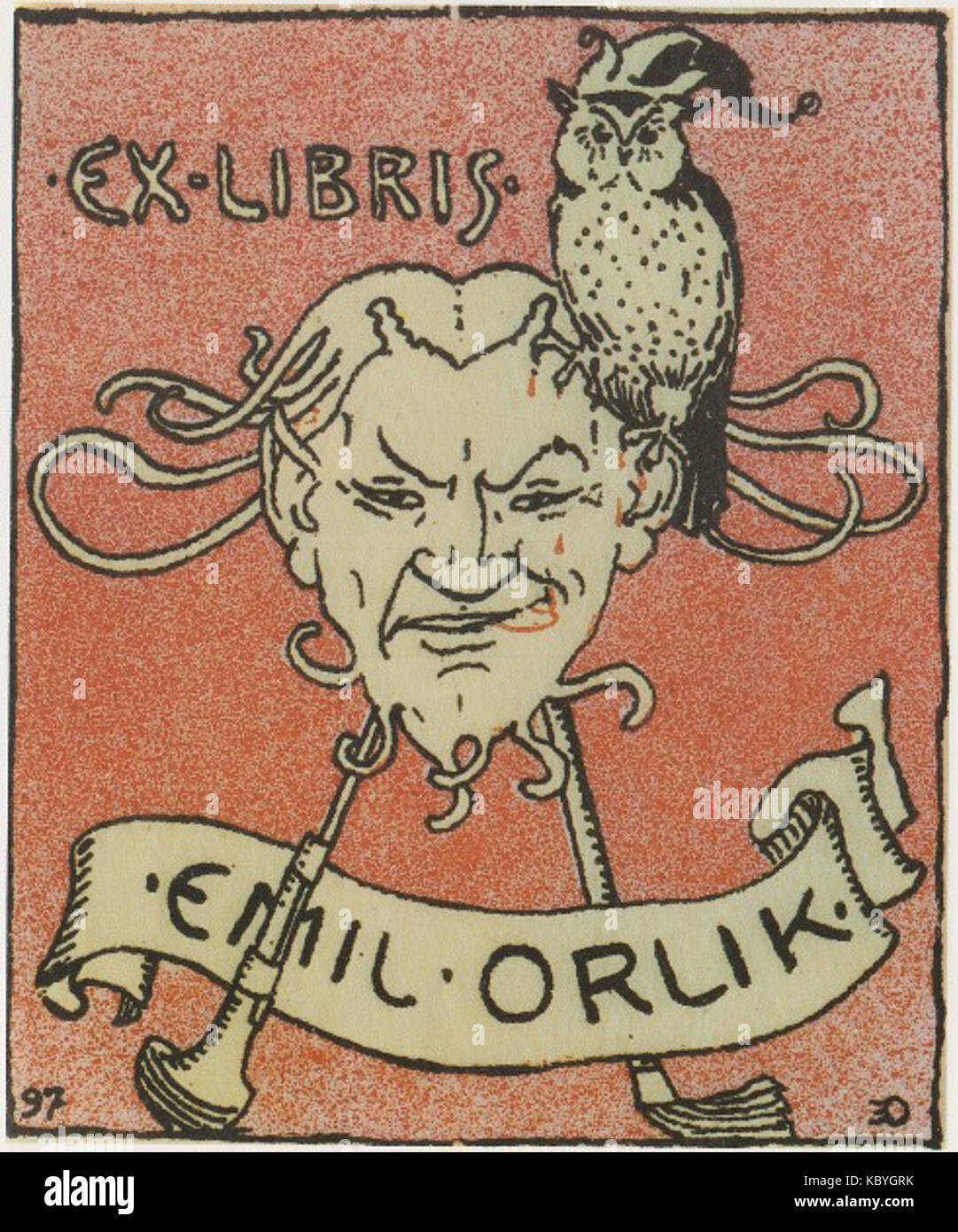 Questa immagine rappresenta un ex libris dell'artista Orlik, che presenta un design personalizzato per la libreria. Ex libris è un termine usato per descrivere le librerie spesso progettate da artisti per indicare la proprietà di un libro. Foto Stock